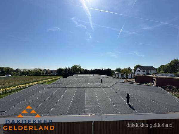 Groot plat dak met bitumen dakbedekking op bedrijfspand in Gelderland Groot plat dak met bitumen dakbedekking op bedrijfspand in Gelderland
