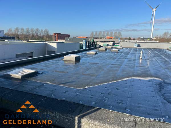 Plat dak bedrijfspand met bitumen dakbedekking en lichtkoepels in Gelderland Plat dak bedrijfspand met bitumen dakbedekking en lichtkoepels in Gelderland
