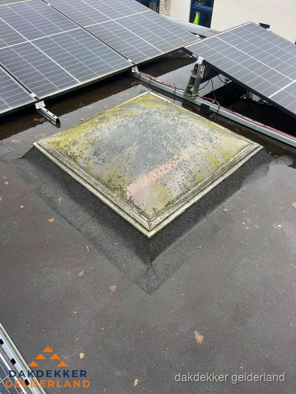 Vervuilde lichtkoepel op plat dak met zonnepanelen in Gelderland Vervuilde lichtkoepel op plat dak met zonnepanelen in Gelderland
