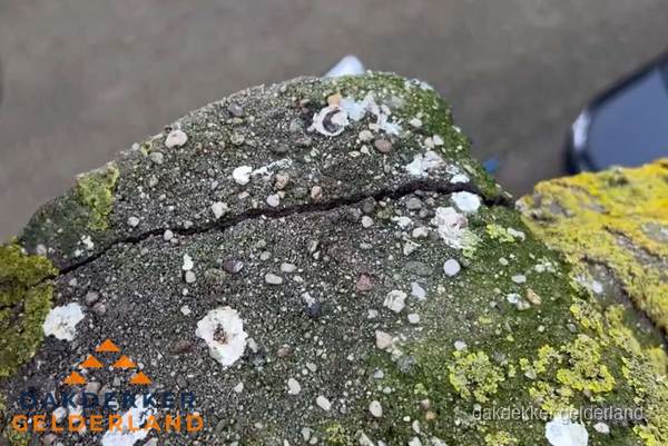 Beschadigde en verweerde nokvorst met scheuren en mos in Gelderland Beschadigde en verweerde nokvorst met scheuren en mos in Gelderland